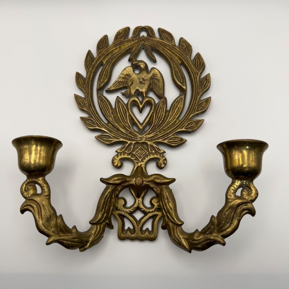 Vintage Brass Eagle Wall Sconce Federal Style Double Taper Candle Holder Heart - Picture 7 of 7